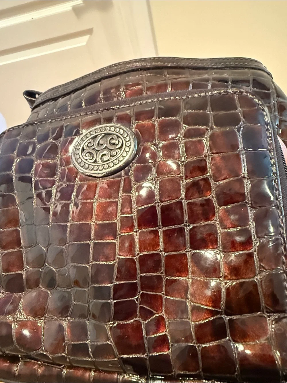 Brighton Vintage chocolate brown glossy Croc-Embossed Leather Messenger Bag